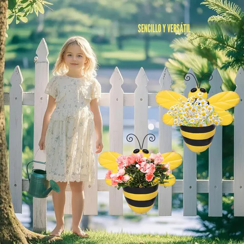 Vista 2 de Macetero de Pared de Metal Abeja Maceteros de Pared Montados Maceta Pequeña con Drenaje para Interior Exterior Macetero Colgante Estilo Granja
