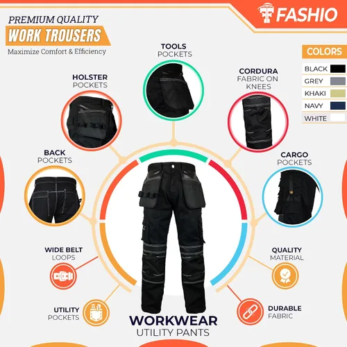 Vista 2 de FASHIO FF Cordura - Pantalones de trabajo tácticos para hombre con bolsillos para herramientas de utilidad, pantalones de seguridad reforzados