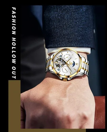 Vista 2 de OLEVS Watches Mens Automatic Self Winding Mechanical Gold Skeleton Fashion Luxury Dress Moon Phase Stainless Steel Tourbillon Mens Wrist Watch Day