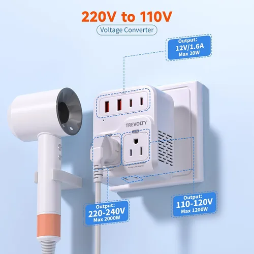Vista 2 de Convertidor de voltaje de 2000 W de EE. UU. a Europa para secadores de pelo, convertidor de 220 V a 110 V para viajes europeos con 3 puertos AC/2