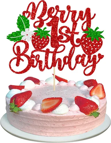 Vista 14 de Gyufise 1 pieza de fresa Sweet One Cake Topper Glitter First Birthday Strawberry Cake Pick para el tema de fruta dulce, baby shower, fiesta
