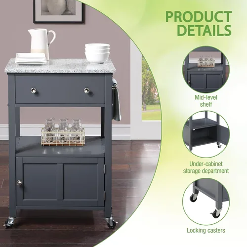 Vista 7 de OSP Home Furnishings Fairfax Farmhouse - Carrito de cocina con parte superior de granito, armario de almacenamiento rodante con toallero, estante