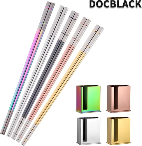 Vista 9 de DOCBLACK Palillos de acero inoxidable con soporte para palillos, estante de secado de utensilios, 5 pares de palillos reutilizables aptos