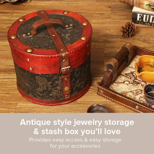 Vista 3 de Joyero vintage, caja de baratijas de estilo victoriano clásico con cerradura, caja de madera cilíndrica para accesorios, pequeña caja de recuerdo