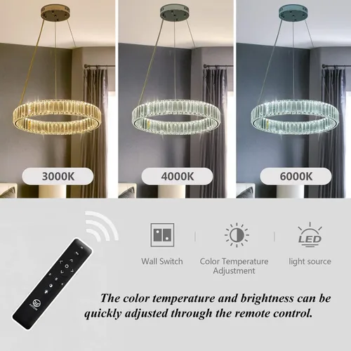 Vista 4 de Candelabros modernos de cristal con control remoto, 3000-6000 K 20 pulgadas, anillo de oro de 20 pulgadas, lámpara LED regulable de cristal redondos