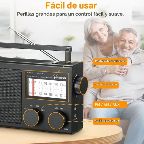 Vista 3 de Radio AM/FM portátil con control de graves AC y batería Negro