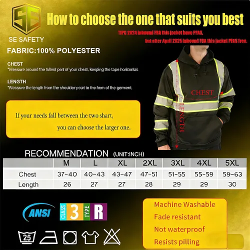 Vista 5 de sesafety Sudadera de alta visibilidad de clase 3 para hombre, sudadera con capucha, sudadera con capucha de seguridad de alta visibilidad negro-203