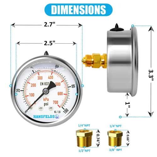 Vista 3 de Medidor de presión relleno de líquido de 0-100 psi, cara de dial de 2.5 pulgadas, carcasa de acero inoxidable para montaje trasero NPT de 1/4