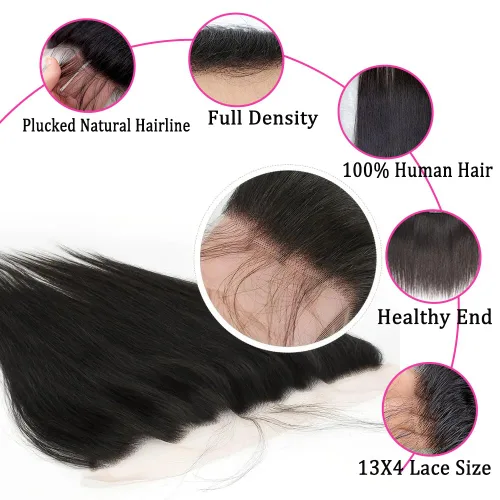 Vista 3 de Pelucas de encaje frontal de 13x4, de oreja a oreja, con cierre recto, cabello humano liso brasileño, con abuelitos, prearrancadas, con densidad