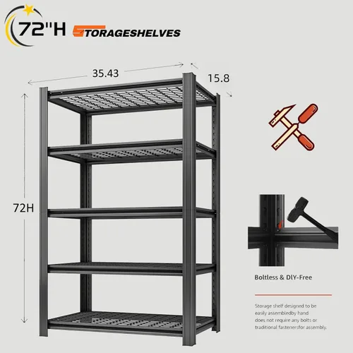 Vista 2 de Estantería metálica de 5 niveles, estantes de almacenamiento ajustables, 72 pulgadas de alto x 35.43 pulgadas de ancho x 15.8 pulgadas