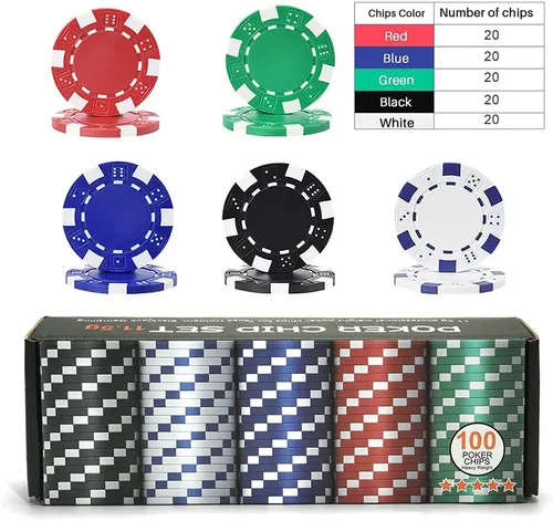 Vista 4 de 100 fichas de póquer de casino de 5 colores, juego de fichas de casino, fichas de casino de 0.41 oz para juegos de cartas de casino Texas Holdem
