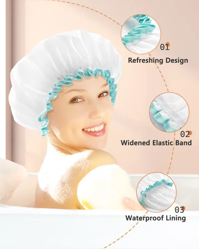 Vista 4 de Mikimini - Gorro de ducha blanco para cabello largo, 1 paquete, 12 pulgadas, tamaño grande, impermeable, lavable, para mujeres y niñas, súper lindo