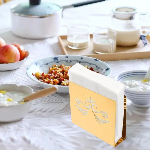 Vista 6 de Stainless Steel Napkin Rack with Gold Floral Pattern, Stylish Serviette Holder for Hotel and Home Use, Square Tissue Stand for Dining Table and