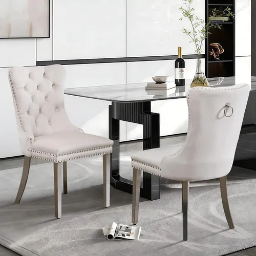 Vista 31 de Juego de 2 sillas de comedor de terciopelo con patas de madera, color beige Mid Century Modern Dining Chairs,Upholstered Chairs with Nailhead