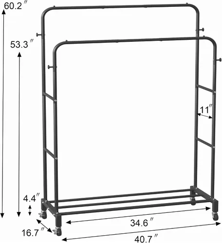 Vista 5 de Sooyee Perchero de doble barra con ruedas, perchero de 3 niveles para colgar ropa, perchero portátil con 4 ganchos para dormitorio, cuarto de Negro