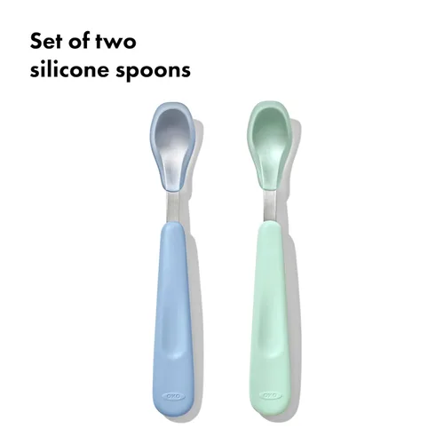 Vista 6 de OXO TOT Juego de cucharas de alimentación con ópalo de silicona suave y atardecer