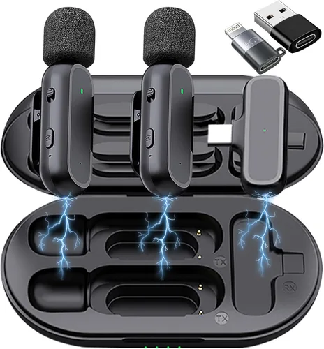 Vista 10 de Caiord Paquete de 2 micrófonos inalámbricos Lavalier para iPhone iPad Android con funda de carga, mini clip/micrófonos magnéticos para grabación