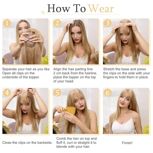 Vista 8 de SEGO Toppers para el cabello para mujer, cabello humano real con flequillo, 2.8 x 5.1 in, base de seda, 100% cabello humano Remy, clip en la parte