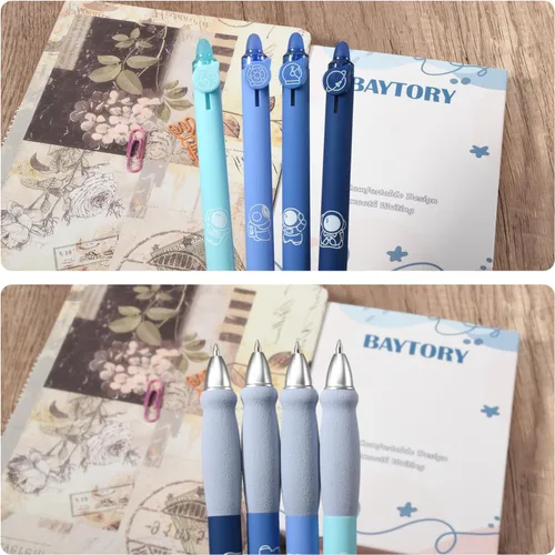 Vista 6 de BAYTORY 8 piezas de lindos bolígrafos de gel retráctiles y borrables, bolígrafo de tinta azul y negra con borrador transparente, escritura suave