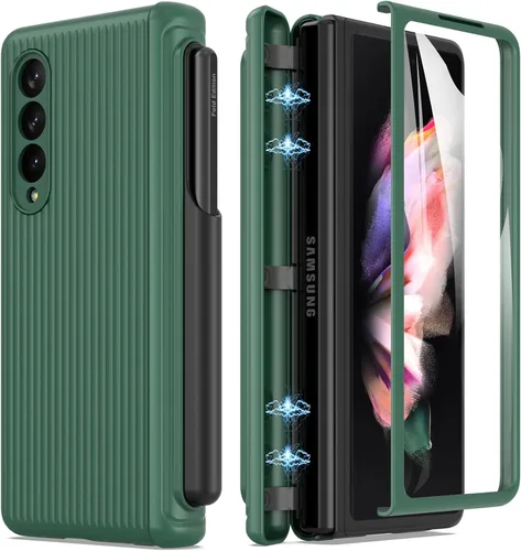 Vista 9 de MAKAVO Funda para Samsung Galaxy Z Fold 3 5G con protección de bisagra, protector de pantalla de vidrio templado integrado, ajuste delgado 3D Negro