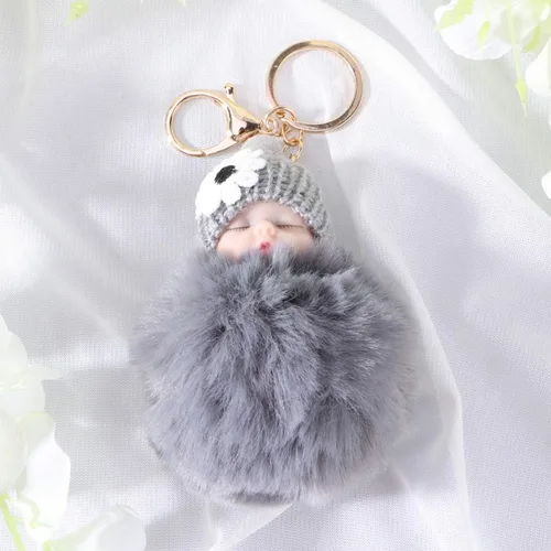 Vista 8 de Garneck Doll Pom Pom Llavero lindo mullido bebé muñeca llavero pompón mujeres coche llavero cartera bolsa teléfono colgante bolsa encanto gris