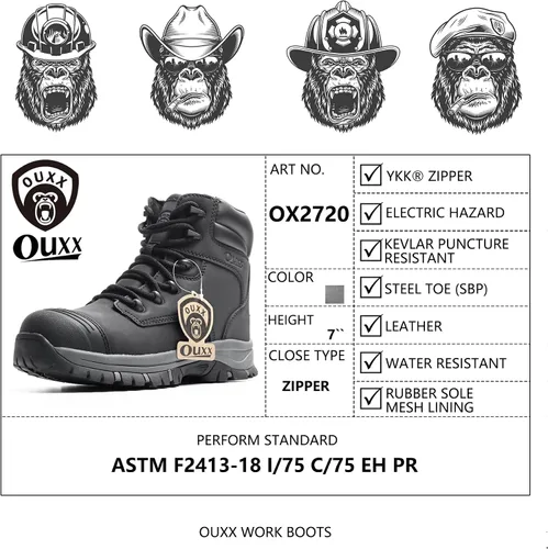 Vista 8 de Botas de trabajo para hombre, zapatos con punta de acero y cremallera lateral, resistentes al agua, antideslizantes, a prueba de pinchazos (OX2720)