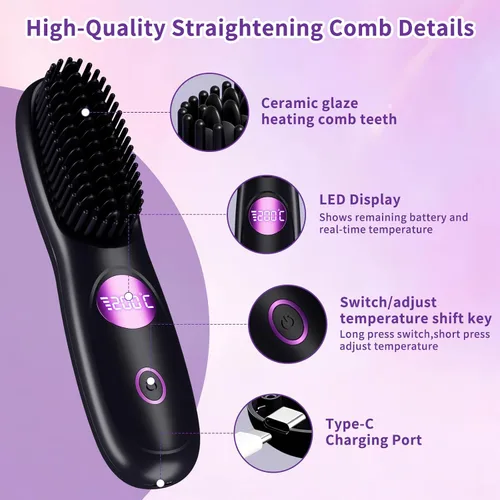 Vista 7 de Cepillo alisador de pelo, inalámbrico recargable con pantalla LED, carga USB, cepillo de alisado portátil de calentamiento rápido, temperatura