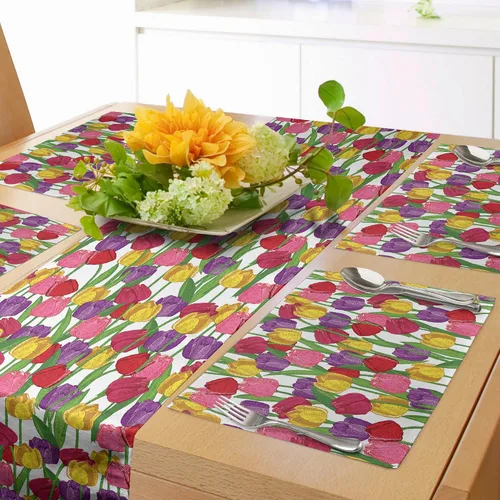 Vista 37 de Lunarable Camino de mesa tropical y manteles individuales, acuarela tucán loro flamenco piñas y flores silvestres sobre rombo, juego para decoración