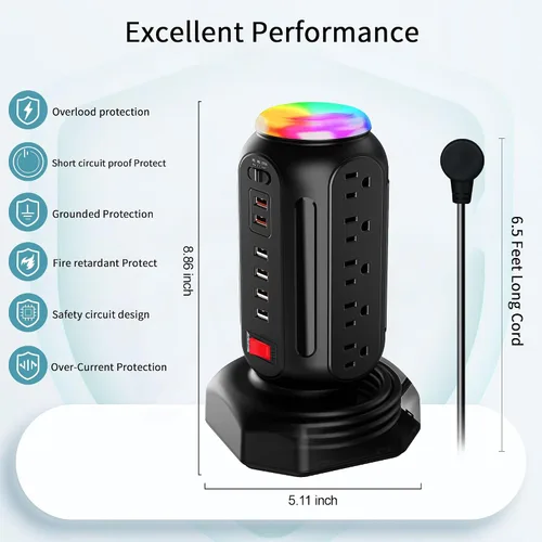Vista 4 de Torre de tira de alimentación con luz nocturna colorida, 15 tomas de CA y 6 puertos USB de carga rápida, cable de extensión retráctil con múltiples