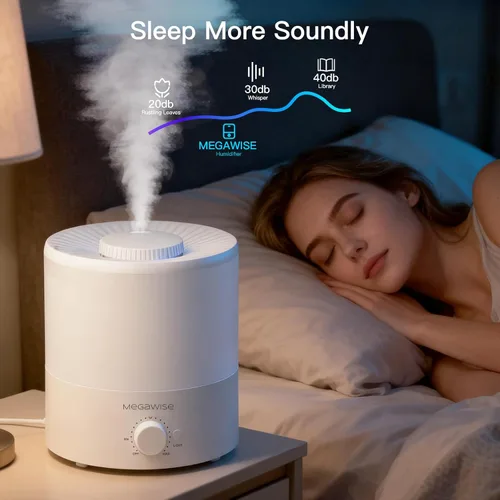 Vista 5 de MEGAWISE - Humidificador elegante de 1,5 L para dormitorio, bebé, planta, humidificadores ultrasónicos de bruma fresca de 24 dB, luz nocturna