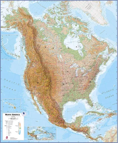 Vista 2 de Maps International - Gran mapa de pared físico de Norteamérica - Laminado con barras de madera colgantes - 47 x 39