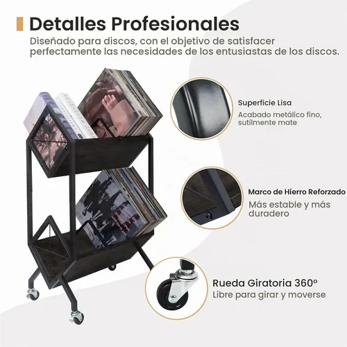 Vista 3 de SwaaVee Estante de almacenamiento de discos de vinilo con ruedas, soporte de discos de vinilo de 2 niveles 160-200 LP con divisores, estilo retro