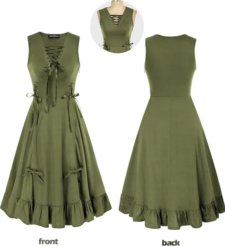 Vista 5 de Scarlet Darkness Disfraz de feria renacentista para mujer, con cordones, volantes, sin mangas, vestido alto y bajo, disfraz de pirata