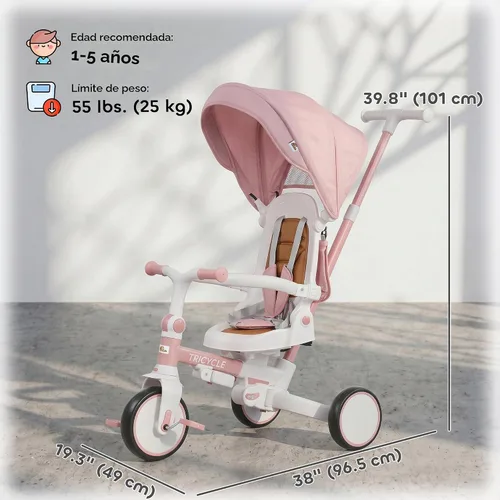 Vista 14 de Qaba 7 en 1 triciclo cochecito plegable bicicleta para niños pequeños 1-5 Rosa