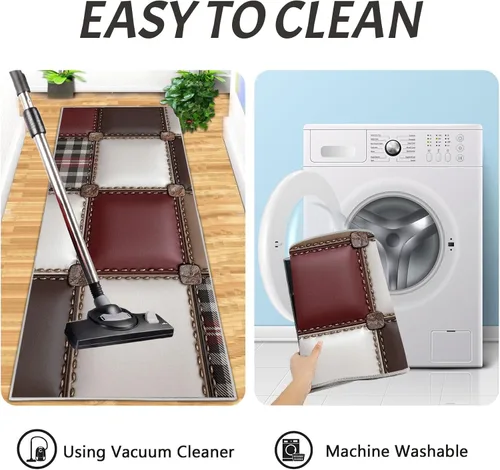 Vista 6 de Reddish Brown Kitchen Rugs, 3D Leather Patchwork Non Skid Washable Comfort Mats for Floor, Anti Fatigue Kitchen Cushioned Runner Rug Retro Plaid