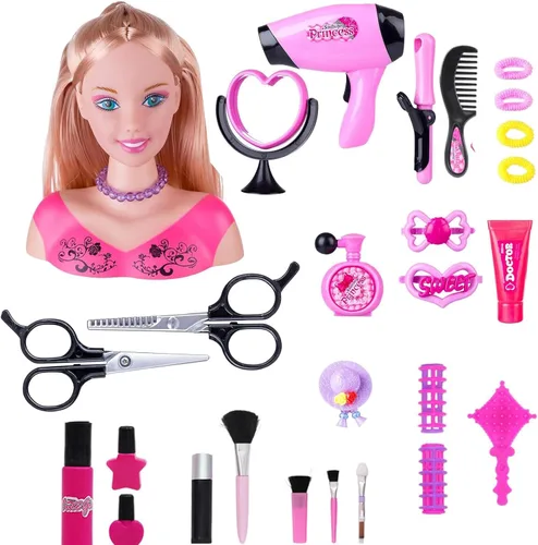 Vista 10 de Cabeza de muñeca para peinar y maquillar para niñas con accesorios y secador de pelo (Estilo A)