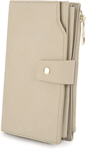 Vista 23 de UTO Cartera de cuero vegano para mujer, cartera larga con broche de presión, tarjetero de crédito, elegante embrague 0153 Gris
