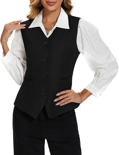 Vista 2 de MINTLIMIT Chaleco para mujer, totalmente forrado, con botones, cuello en V, formal, con bolsillos