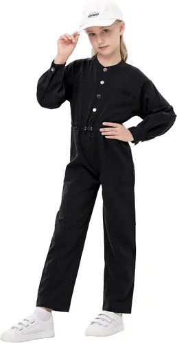 Vista 2 de Girls Solid Long Sleeve Button Down Jumpsuit One Piece Rompers with Pockets Straight Leg Cargo Pant for 3-12 Years