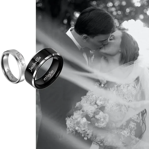 Vista 6 de Anillos personalizados a juego para parejas, anillos de promesa de acero inoxidable para parejas, con 2 anillos grabados dentro y fuera para hombres