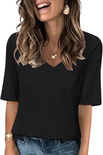 Vista 24 de Minetom Camisetas de verano básicas de media manga con cuello en V para mujer