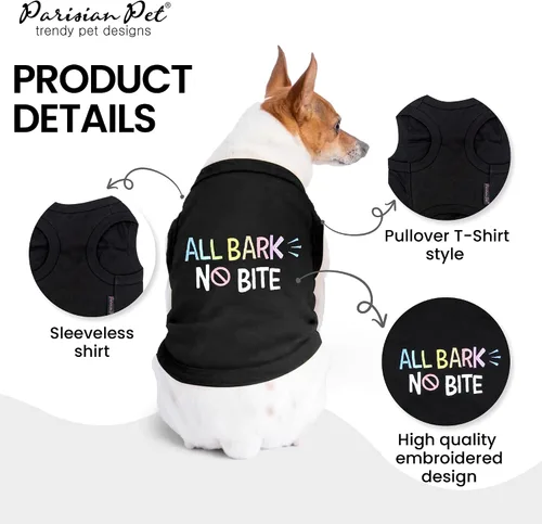 Vista 3 de Parisian Pet Camiseta para perro – Bordado 'All Bark No Bite ' 100% algodón, ropa para perros – Chaleco sin mangas para mascotas – Camisas lavables