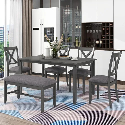 Vista 11 de Harper & Bright Designs Juego de mesa de comedor de 6 piezas, juego de mesa de comedor con mesa de comedor rectangular de madera, 4 sillas