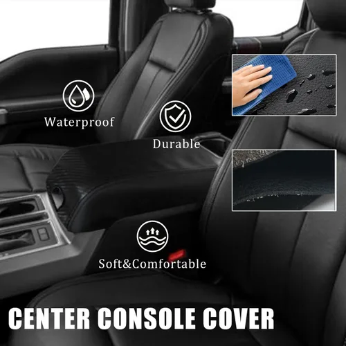 Vista 5 de Pincuttee Funda de consola central para Ford F150 F250 F350 F450 15-21, funda de cuero de fibra de carbono, cubierta protectora de caja de consola