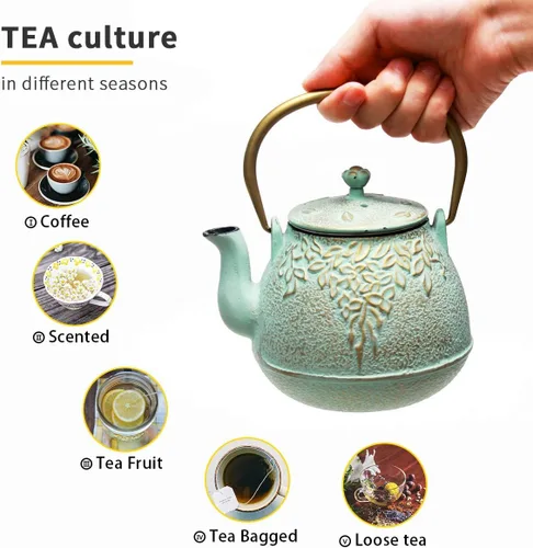 Vista 3 de Toptier Juego de tetera de hierro fundido y tetera de porcelana, 32 oz y 37 oz, apta para estufa, verde