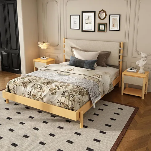 Vista 4 de Merax Moderno juego de base de cama Queen con 2 mesitas de noche, cama de plataforma de madera beige con cabecero y mesitas de noche a juego