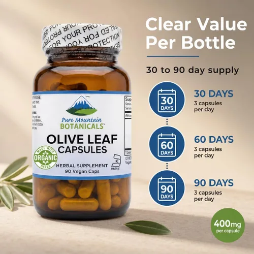 Vista 9 de Pure Mountain Botanicals Cápsulas de extracto de hoja de olivo - 400 mg 18% de oleuropeína