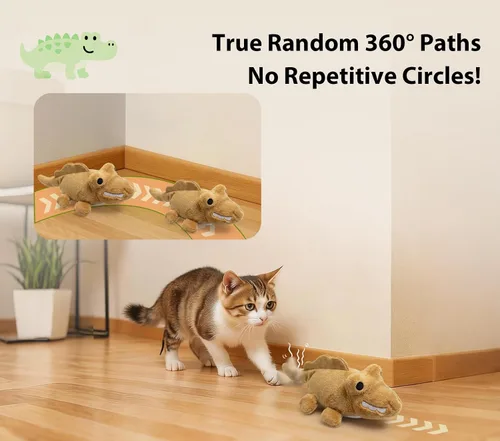 Vista 2 de Juguetes interactivos para gatos de interior – Caimán de movimiento automático con movimiento aleatorio de 360° y meneo de cola, juguete
