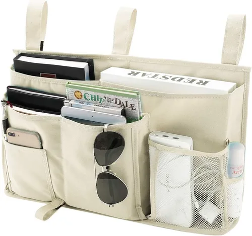 Vista 19 de Bseash Organizador de litera, organizador de cama colgante para mesita de noche, bolsa de almacenamiento con 4 bolsillos y 2 ganchos