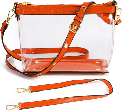 Vista 7 de Y&R Direct Bolsa cruzada 3 en 1 con cremallera transparente con ribete de cuero vegano para estadio, festival, concierto, regalos para el día